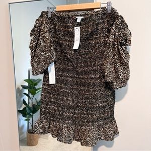 TOPSHOP LEOPARD OFF SHOULDER DRESS